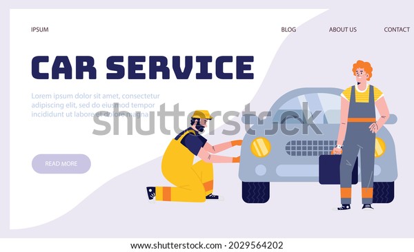 Vector flat background illustration\
for car service website template. Garage for repairing cars.\
Professional car mechanics next to car. Landing page\
design.