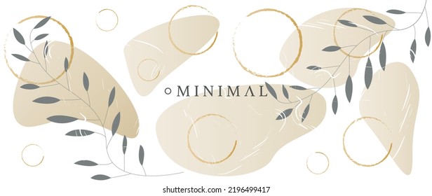 Vector flat background. Illustration with leaves, gradient gold circles and white splatter. Ideal for interior design, covers, cards, prints and wallpapers.