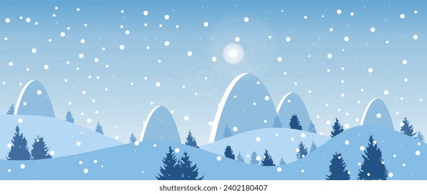 Vector flat background. Landscape with misty forest, distant mountains, dawn and birds. Drawing in blue tones. Ideal for textile design, screensavers, covers, cards, invitations and posters.