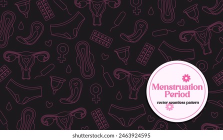 El fondo plano de Vector con símbolos del período menstrual incluye almohadillas higiénicas, tampones, copas menstruales, pastillas, ropa interior en colores gris rosado.