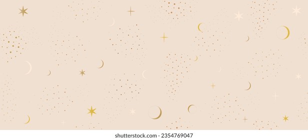 Vektorflacher Hintergrund. Minimalistisches hellbraunes Muster mit kleinen Polka-Punkten auf hellem Hintergrund mit Sternen und dem Mond. Ideal für Bildschirmschoner, Poster, Karten, Einladung oder Heimgestaltung.