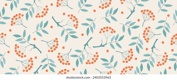 Vector flat background. Modern seamless winter pattern. Branches and bunches of viburnum on a light background. Perfect for template, textile design, poster, card, screen saver and home design.