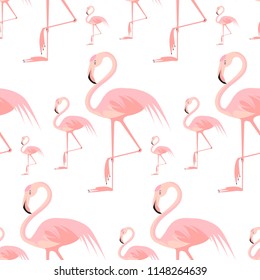 Vector flat background with pink flamigo.Seamless pattern on white background. Flamingo isolated.