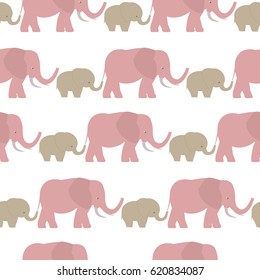 Vector flat background. Seamless pattern with cute animal. Elephants. The elephant's baby with mother. A walk in the savannah,