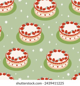 Vector flat background with strawberry cakes. Colorful seamless holiday pattern