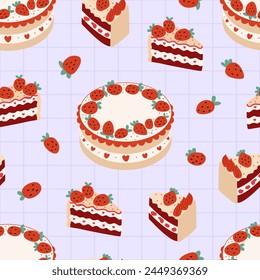 Vector flat background with strawberry cakes. Cute pieces of cakes and berries. Colorful seamless pattern