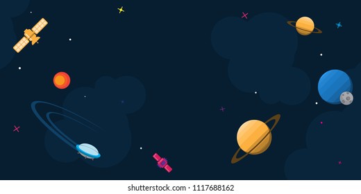 Vector flat background. Template banner with space ships, planets, moon, falling stars and UFO. Space theme illustration for background, poster print.
