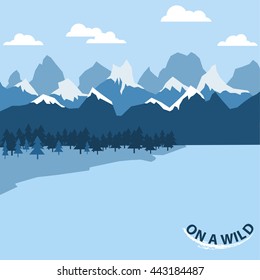 Vector flat background - winter mountain landscape with snow-capped peaks, lake and trees. Camping on a wilde nature illustration. Spruce woods and snow backdrop.