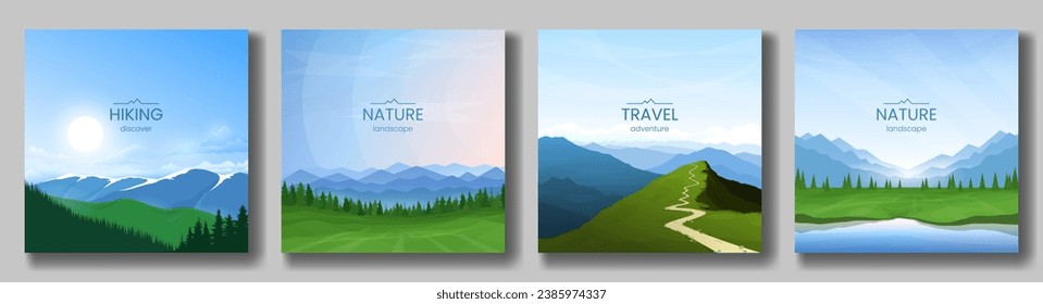 Vector flat backgrounds. Set of posters in minimalist style. Collection of 4 landscapes. View of mountains, hills, forest and valleys. Polygonal design. Poster, cover, banner, postcard design.