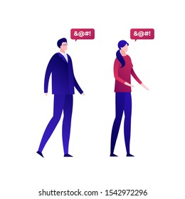 Vector flat bad speech language people illustration. Male and female couple with censored text dialog isolated on transparent background. Design element for hate banner, poster, web, meme.