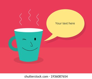 Vector flat baner. Cup of Coffee with emotion and text cloud