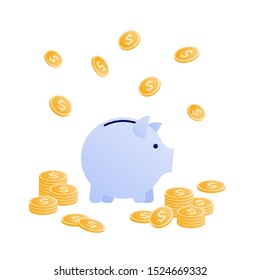 Vector flat bank business illustration. Pig save box with falling coins isolated on white. Concept of save, banking, deposite, investment. Design element for banner, poster, infographic