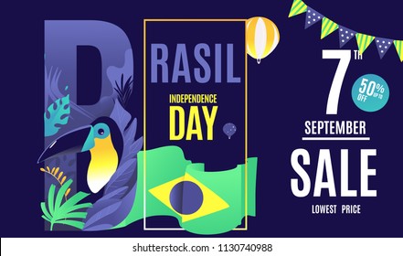 Vector flat banner 7 september day independence brazil off 50% sale. party of Brazil. Design for banner Illustration Flag of Brazil. colored parrot toucan in the jungle, flags, balloons, 