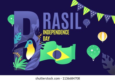 Vector flat banner 7 september day independence brazil. party of Brazil. Design Illustration Flag of Brazil.colored parrot toucan in the jungle, flags, balloons, Independence