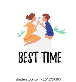 Vector Flat Banner is the best time. Mom in a yellow dress in nature with her son. A woman outdoors with a child examines creation of the nature of animals are caught butterflies time that children