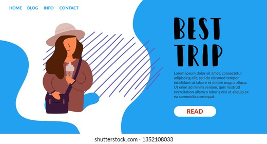 Vector Flat Banner is the best travel trip. A woman with a bag holds an ice cream tour agency in her hands and offers a great deal on a vacation in another country.