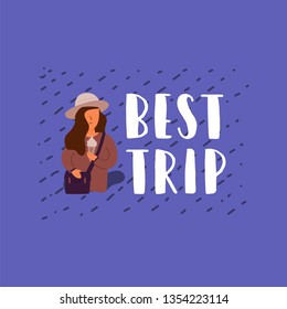 Vector Flat Banner is the best travel trip. A woman with a bag holds an ice cream tour agency in her hands and offers a great deal on a vacation in another country.