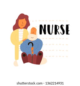 Vector Flat Banner carer care service for the elderly nursing home. Grandpa is sitting in an easy chair and holding his cane on his face with a smile. Bearded rejoices gave necessary help.