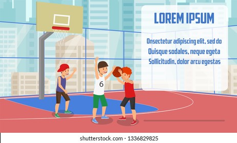 Vector Flat Banner Champions Cup Basketball Game. Children Trying Win Prize Kid in Red Tshirt Throws Basketball Into Ring. Guys from Opposing Team Defending. School Training Match Section.