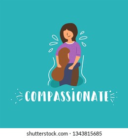 Vector flat banner compassion mom soothes daughter girl crying mom strokes his head love in family solace sympathy empathy caring.