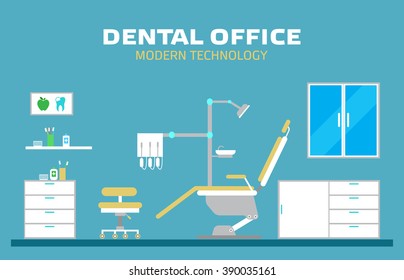 Vector flat banner dental office with seat and equipment tools. Medical arm-chair illustration. Colorful template for you design, web and mobile applications. EPS 10