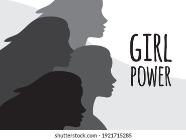 Vector flat banner with different color women silhouette and girl power lettering isolated on white background. International women’s day equality illustration