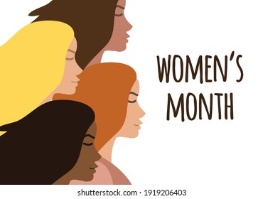 Vector flat banner with different women and women month lettering isolated on white background. International women’s day equality illustration