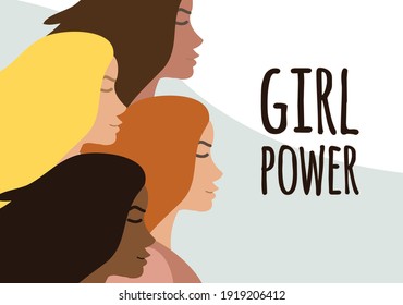 Vector flat banner with different women and girl power lettering isolated on background. International women’s day equality illustration