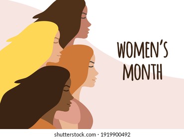 Pancarta plana vectorial con diferentes mujeres y letras del mes de las mujeres aisladas en un fondo de color. Ilustración internacional de la igualdad de día de la mujer