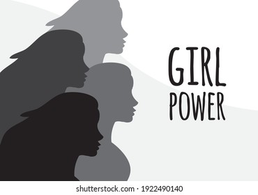 Vector flat banner with different women silhouette and girl power lettering isolated on black background. International women’s day equality illustration