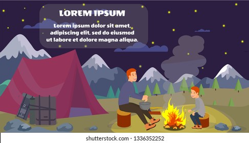 Vector Flat Banner Father and Son Weekend Go Mountain. Forest Night Fire Preparing Dinner Dad Laughs Son Learns. Red Tent Mountain Equipment for Hiking Starry Sky Sleep Night in Fresh Air.