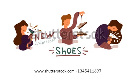 Vector Flat Banner. The girl bought new green cool new cool shoes. rejoices shopping guy looks hold in the hands of brown shoes from the new collection. woman bought and wears white brand shoes