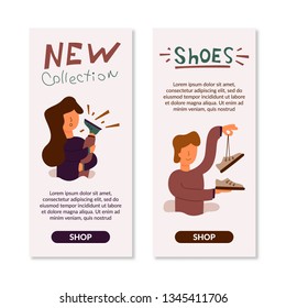 Vector Flat Banner girl rejoices new beautiful shoes. Shod green shoes on the leg of a new collection. The guy is holding new brown shoes in his hands. He wants to buy a promotion discount promo.