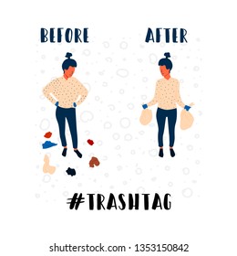 Vector Flat Banner girl stands next to the garbage scattered around her paper and paper bags plastic. Before cleaning and after. Woman holds trash bags with collected dirt around now clean