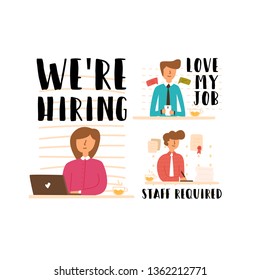 Vector flat banner of a girl working in a company as a manager, typing on a computer. Young man guy after college got a job signs documents young specialist