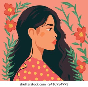 Vector flat banner greeting card girl with a number of plants and flowers for International Women's Day, Spring Day, Feminism Day illustration of a beautiful woman