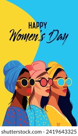 Vector flat banner greeting card for International Women's Day, women of different cultures standing side by side. Vector concept of movement for gender equality and women's empowerment