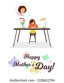 Vector Flat Banner Happy Mothers Day Little Girl is Preparing Gift Card for Mom Booklet 