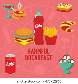 Vector flat banner HARMFUL breakfast, diet food. Web graphics, banners, advertisements, business templatesWeb graphics, banners, advertisements, business templates, food menu