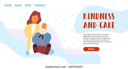 Vector flat banner horizontal kindness and care. A volunteer customer service girl pats her grandfather on the shoulder. Elderly gray-haired man sitting in a chair courting elderly parents slide