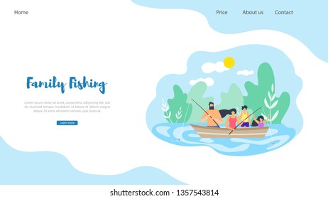Vector Flat Banner Illustration Family Fishing. Dad Took Family out Town on Beautiful Nature Ride in Boat on Lake. Around Big Trees Good Weather Active Lifestyle Strengthens Family and Health