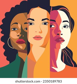 Vector flat banner for International Women's Day, women of different nationalities stand together. Vector concept of movement for gender equality and women empowerment