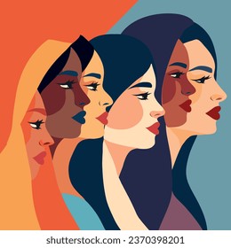 Vector flat flat banner for International Women's Day, women portrait faces of different cultures and nationalities standing side by side. Vector concept of movement for gender equality and women's em