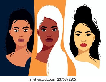 Vector flat banner for International Women's Day, women of different cultures and nationalities. Beautiful women. Vector concept of movement for gender equality and women's empowerment