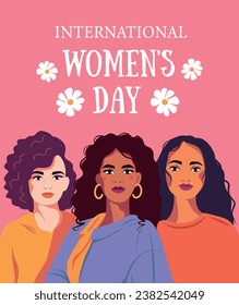 Pancarta plana vectorial para el Día Internacional de la Mujer, mujeres de diferentes culturas, poder femenino. Empoderamiento de las mujeres, Día del feminismo