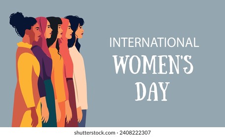 Vector flat banner for International Women's Day, women of different nationalities, group of different women standing together on a blue background. Movement for gender equality and women's empowermen