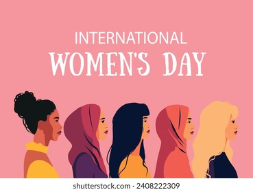 Vector flat banner for International Women's Day, women of different nationalities, group of different women standing together on a pink background. Movement for gender equality and women's empowermen