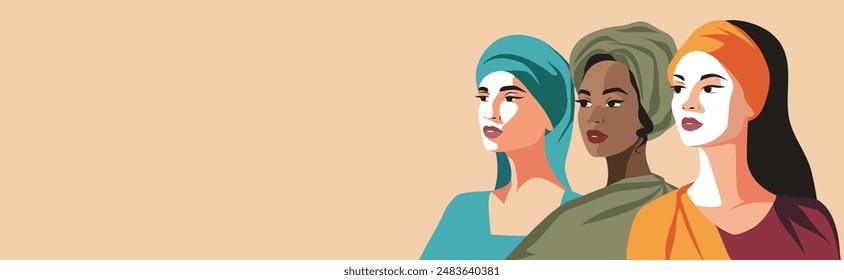 Vector flat banner for International Women's Day, women of different cultures and nationalities with their heads covered. Vector concept of movement for gender equality and women's empowerment