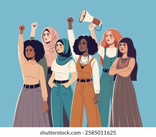 Vector flat banner for International Women's Day, women of different cultures and nationalities stand side by side. Vector concept of movement for gender equality and women's empowerment