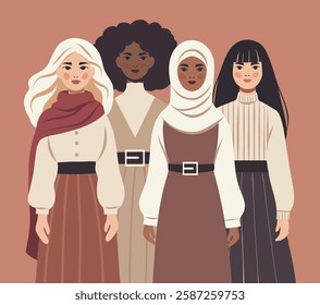 Vector flat banner for International Women's Day, women of different cultures and nationalities stand side by side. Beige pastel color palette. Movements for gender equality and women's empowerment